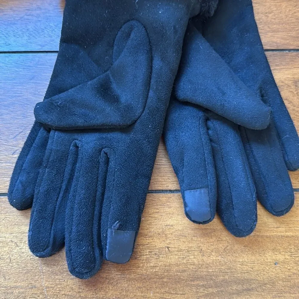 Black Warm Winter Touchscreen Gloves - Faux Suede & Faux Fur